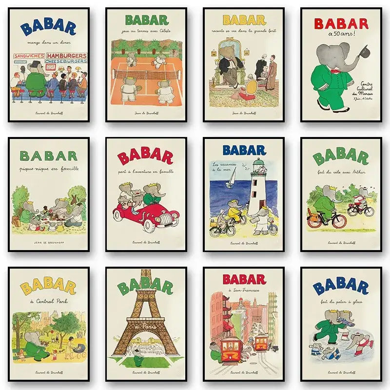 A collection of nine framed colorful babar elephant family cartoon posters for kids room wall art decorbites