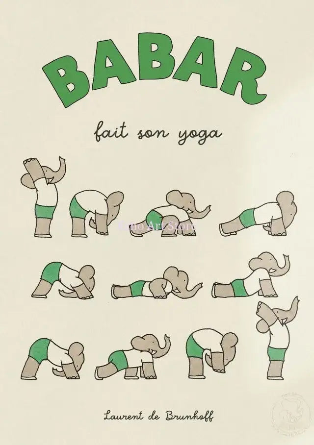 Green and beige illustrated book cover wall art featuring babar the elephant in yoga poses for kids room decor