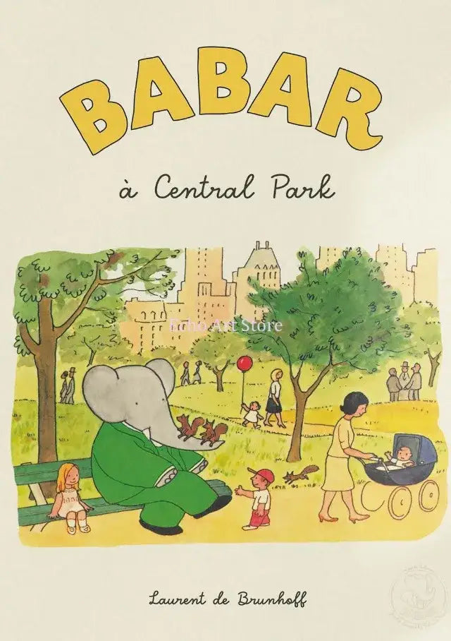 A charming kids room poster featuring elephant babar family in a green suit on a park bench with city scenery