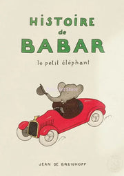 A charming kids room poster featuring elephant babar family in a red vintage car for DecorBites™ cartoon decor