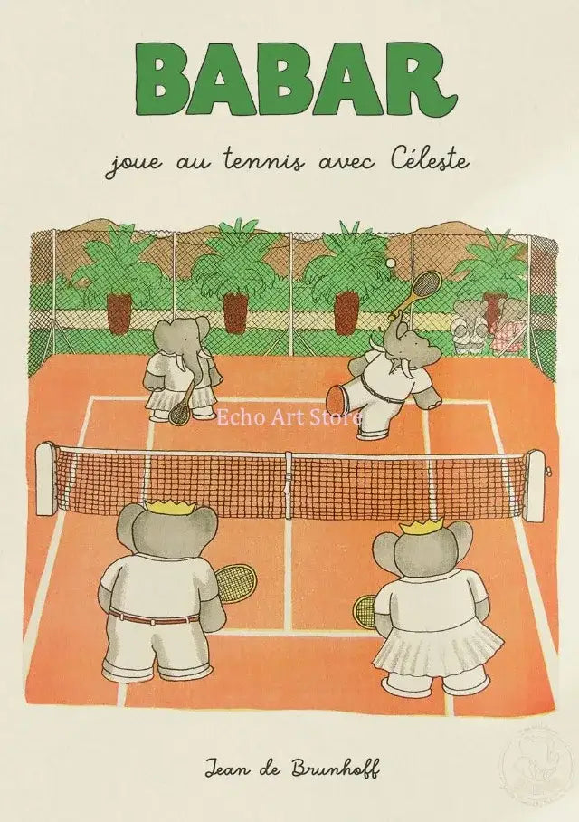 Decorbites elephant family yoga cartoon poster for kids room featuring elephant babar family playing tennis on orange court