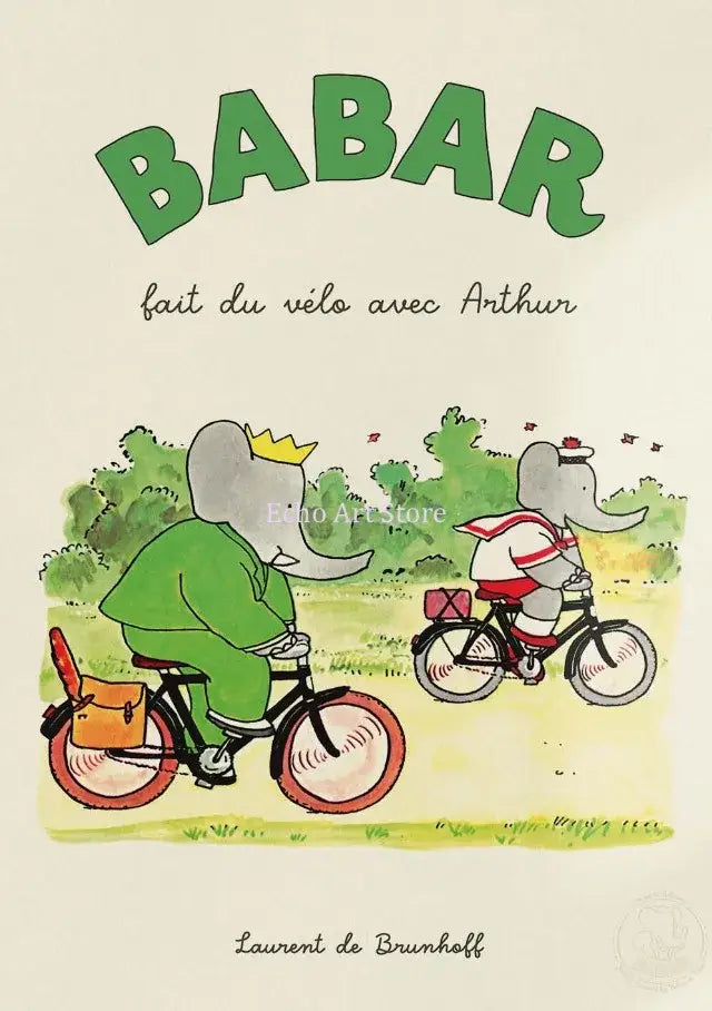 Decorbites™ elephant babar family kids room poster featuring a green cartoon elephant wearing a crown riding a bicycle