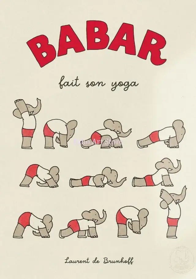 Decorbites elephant family yoga cartoon poster featuring red and gray elephant babar poses for kids room decor