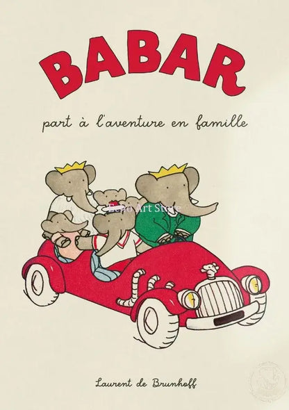 Red vintage-style car carrying four cartoon elephants in green and red outfits in elephant family yoga kids room poster