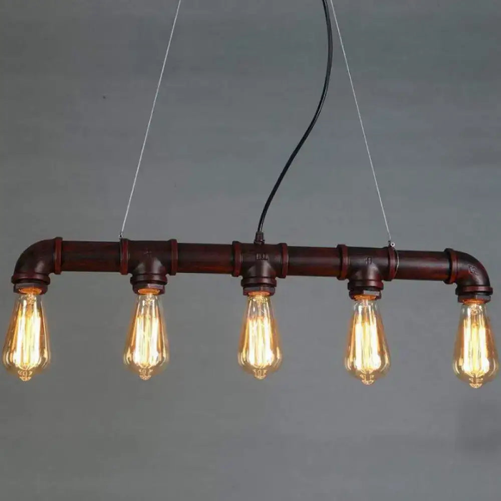 Industrial-style elongated pipe island pendant light made of dark brown metal pipes with five exposed edison bulbs