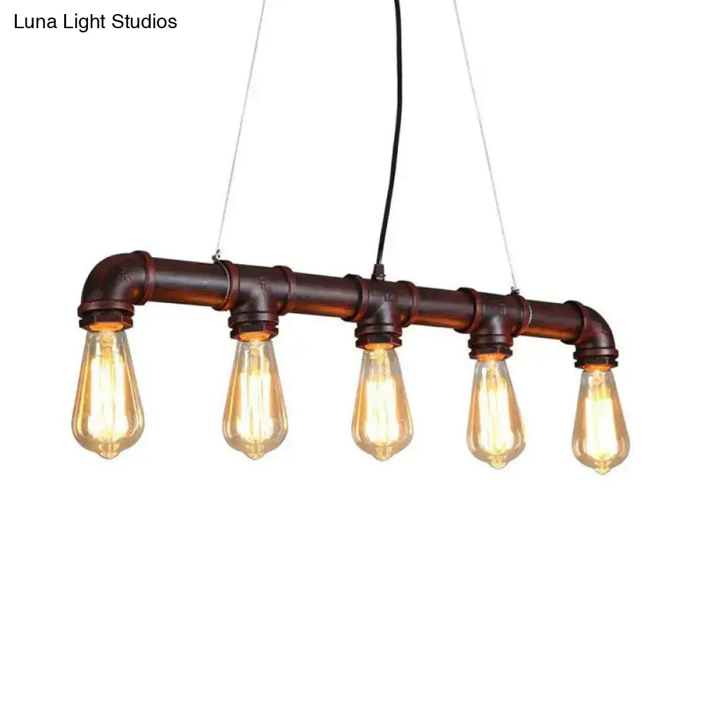 Industrial-style decorbites elongated pipe island pendant light with five amber filament bulbs on dark brown metal pipes