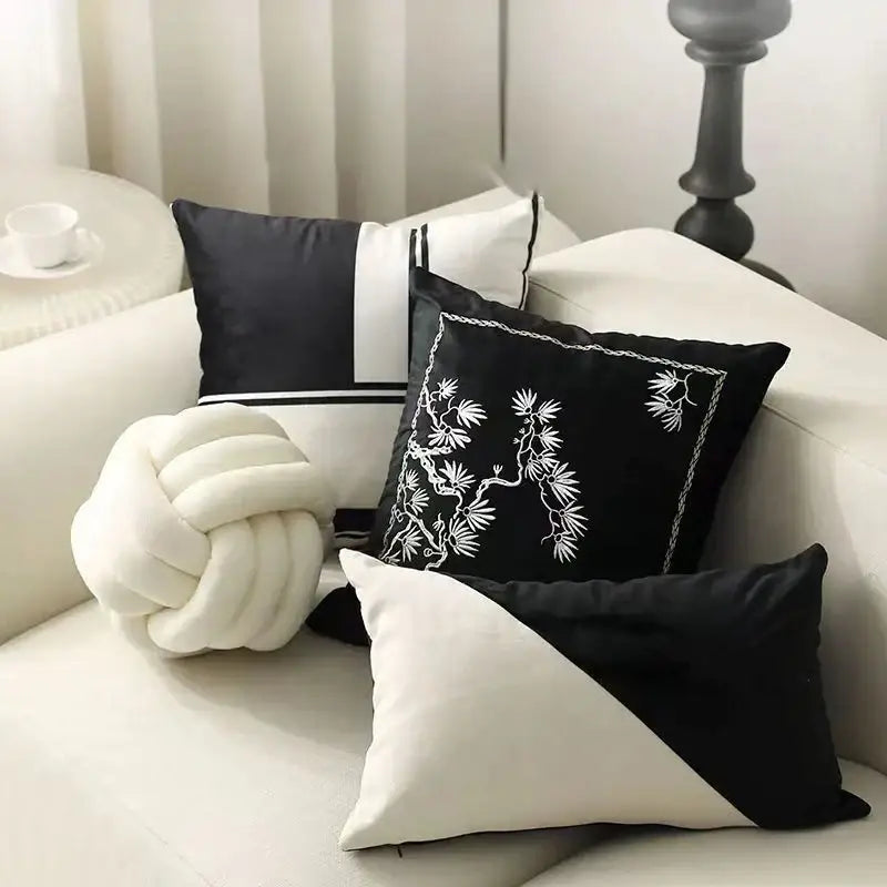 White knotted throw pillow with decorbites embroidered black and white cushion cover for living room decor