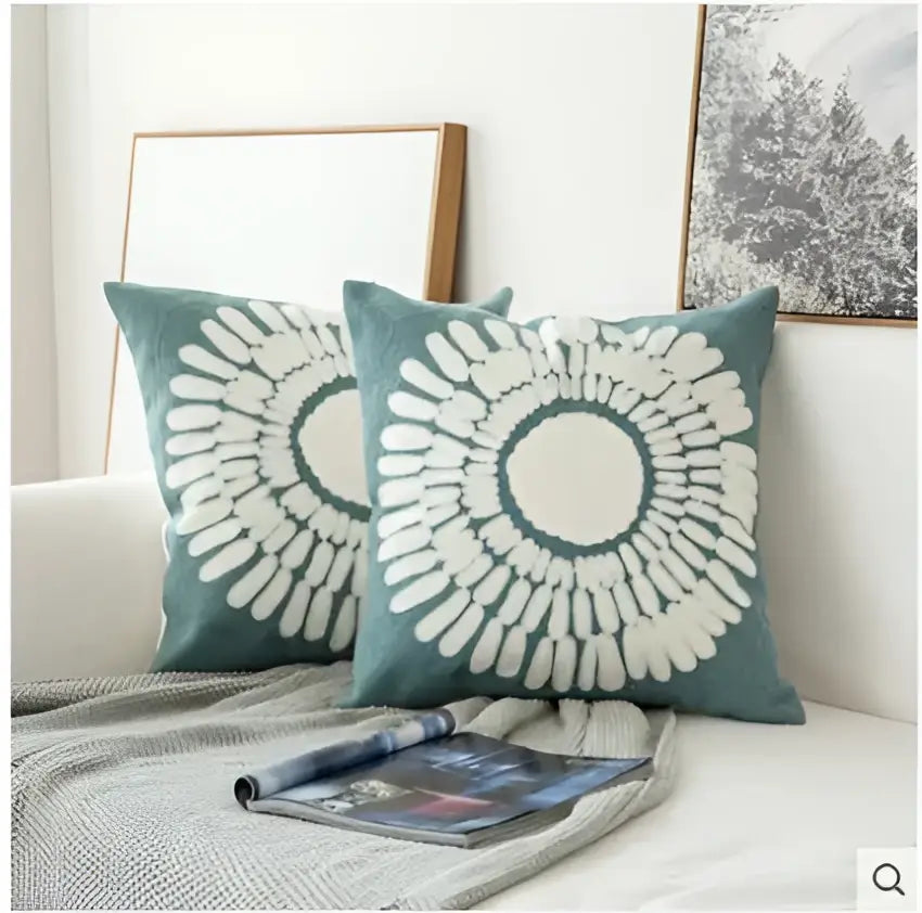 Teal cushion cover with white radial pattern featuring decorbites embroidered blue cotton for living room decor