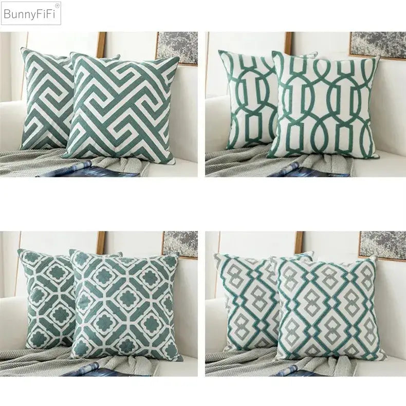 Set of four decorbites embroidered blue teal and white cushion cover with geometric patterns in soft cotton fabric
