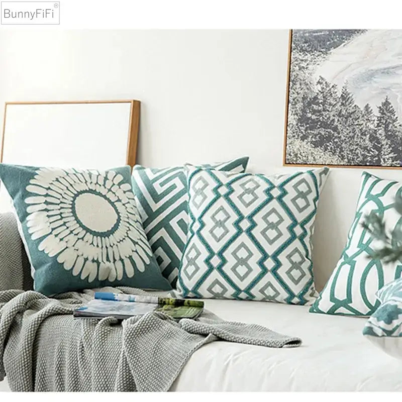 Teal and white geometric patterned cushion cover with decorbites embroidered blue cotton for living room decor