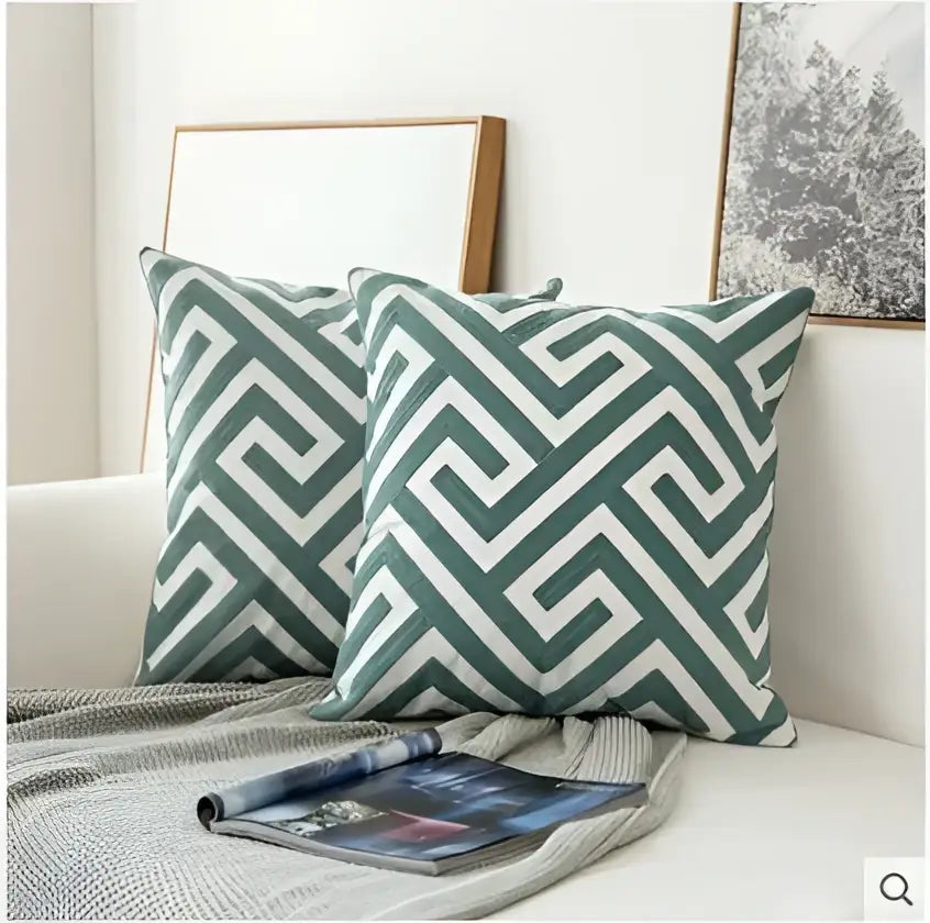 Green and white geometric patterned decorbites embroidered blue cotton cushion cover for living room use