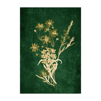 Elegant gold-toned botanical illustration on textured emerald green wall art featuring emerald green lily design