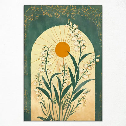 A rectangular decorbites wall art featuring emerald green lily of the valley with gold filigree and warm yellow sun rays