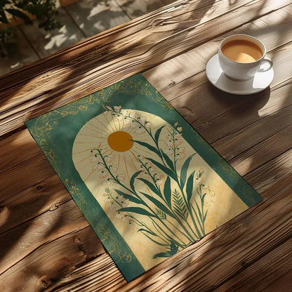 A rectangular emerald green wall art placemat featuring art nouveau sunburst and lily of the valley design with gold detailing