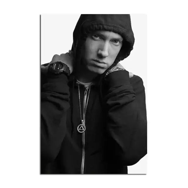 Black-and-white eminem canvas wall art featuring eminem wearing a hooded jacket and layered necklaces for home decor