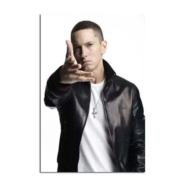 Decorbites™ eminem canvas wall art featuring a black leather jacket with subtle logo and red trim for home decor