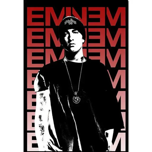 Black and red eminem canvas wall art featuring eminem in a beanie with repeated vertical text for home decor