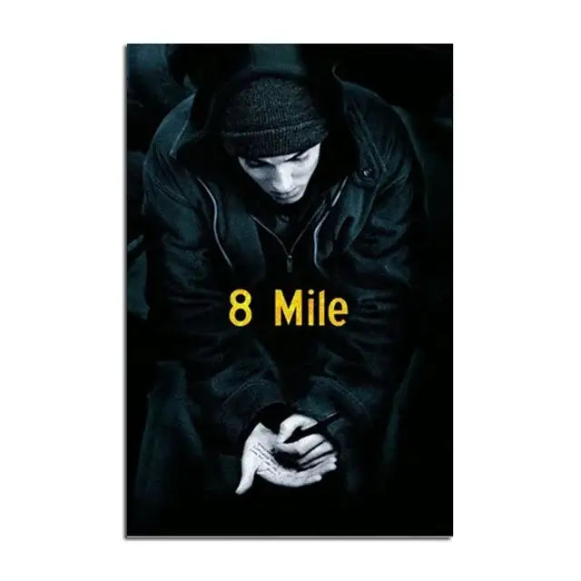 Dark poster wall art featuring a man in beanie jacket with 8 mile in yellow eminem canvas for home decor
