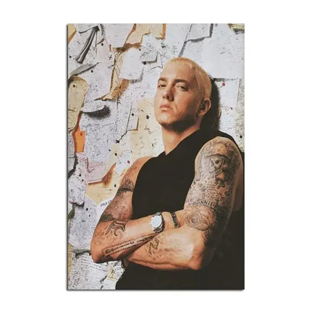 A rectangular eminem canvas wall art poster with tattooed portrait and peeling paper background for home decor