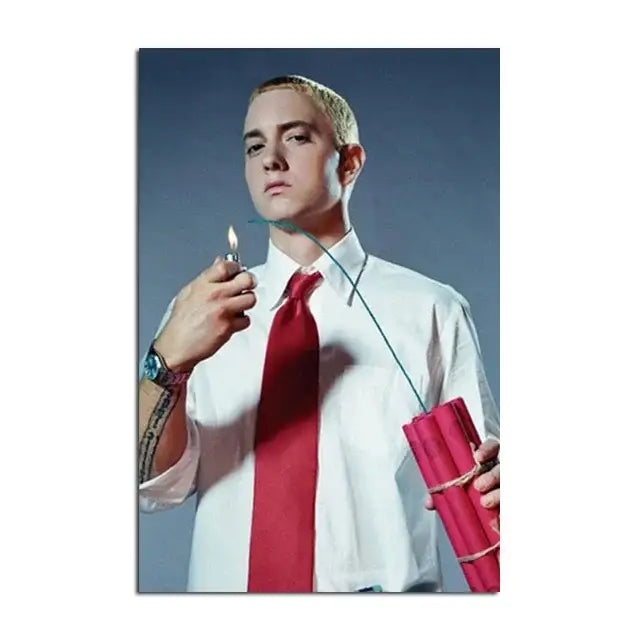 A rectangular eminem canvas wall art featuring the rapper in a white shirt and red tie holding pink dynamite for home decor