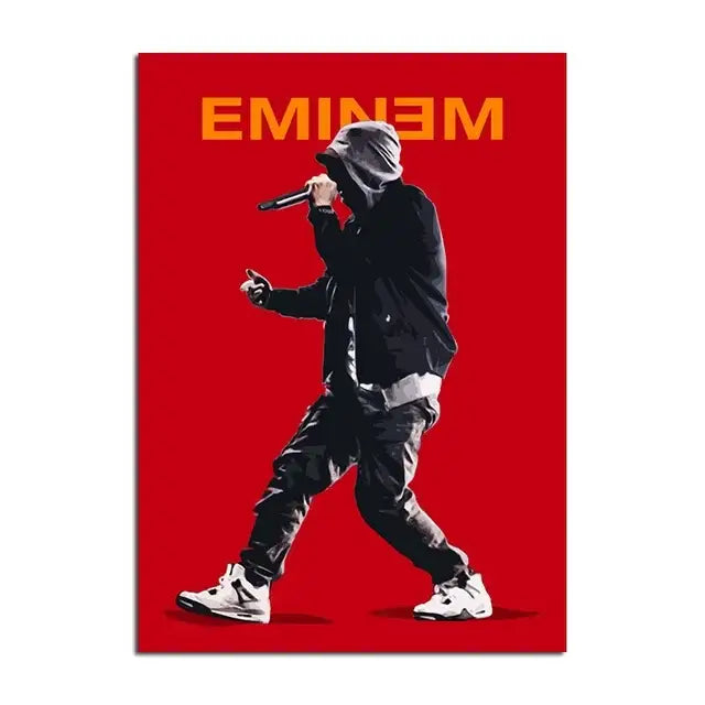 Red eminem canvas wall art featuring a stylized black and white silhouette for home decor by DecorBites™