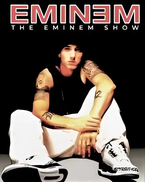 Eminem canvas wall art featuring Eminem sitting cross-legged in white pants for stylish home decor