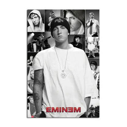 Black and white collage eminem poster with red eminem text at bottom perfect for music star wall art decor