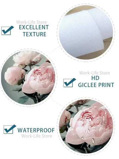Decorbites Eminem posters and prints featuring soft pink peony wall art on textured waterproof canvas with giclee ink