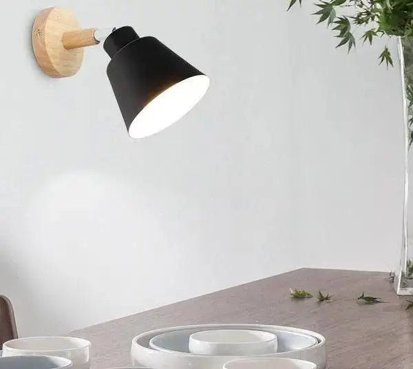 Black conical eryka wall sconce with natural wood base modern nordic wall sconce for stylish lighting decor