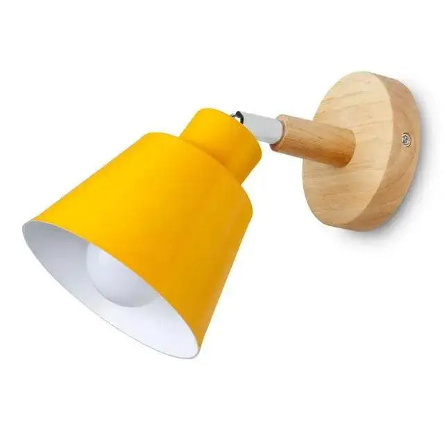 Bright yellow conical lampshade eryka wall sconce with white interior and wooden base for modern nordic decor