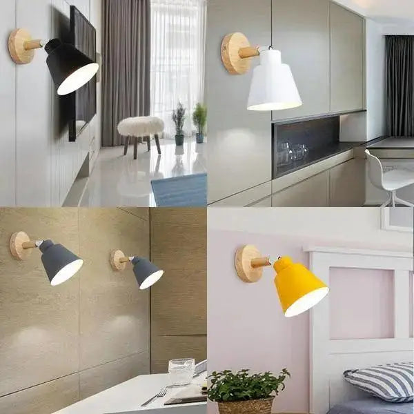 Decorbites eryka wall sconces with wooden bases and conical black white gray or yellow shades for modern wall sconce decor