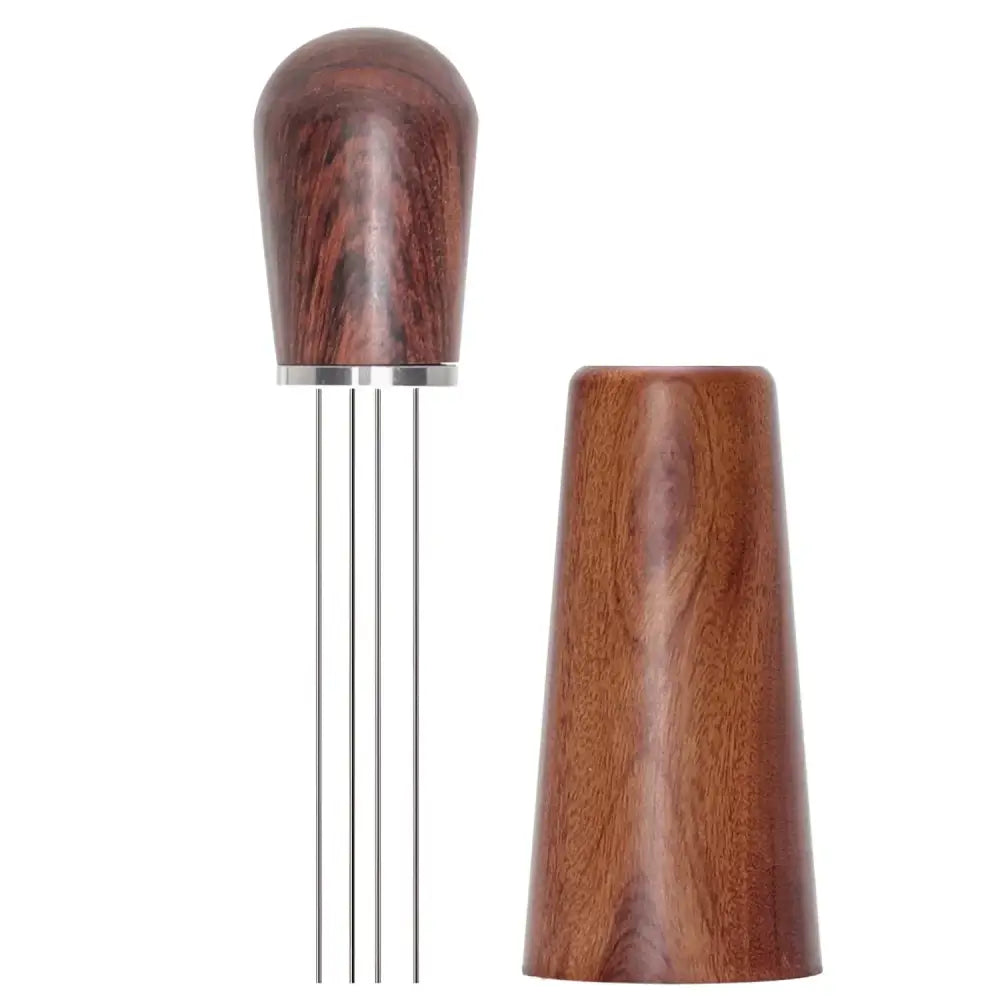Wooden-handled decorbites espresso stirrer with four stainless steel tines and matching wooden cap for kitchen use