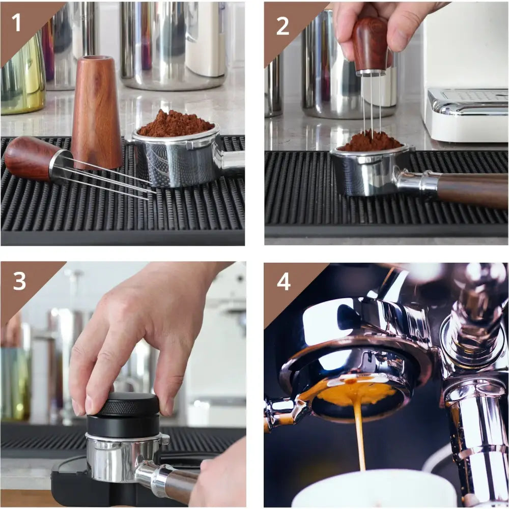 Four-panel sequence showing decorbites espresso stirrer wood and metal kitchen tool used in espresso preparation stages