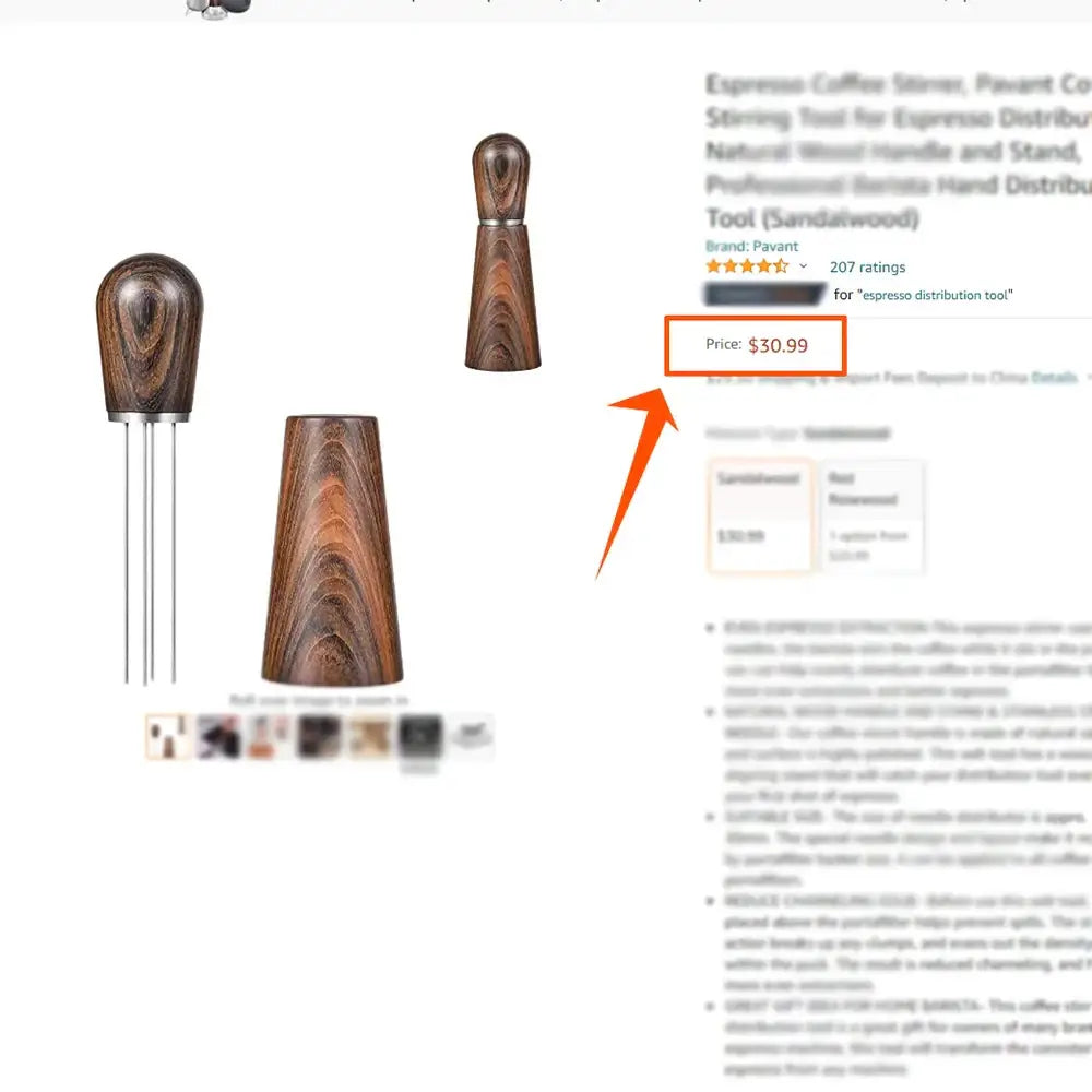 Decorbites espresso stirrer featuring a polished sandalwood handle and stainless steel stem for espresso distribution