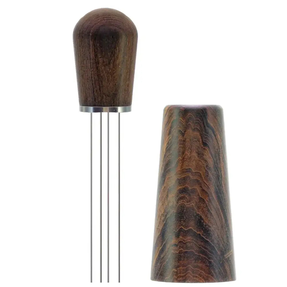 Dark wood-handled decorbites espresso stirrer with four stainless steel tines and matching wooden cap for kitchen use