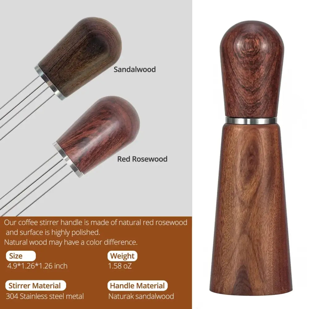 A polished red rosewood decorbites espresso stirrer with a silver 304 stainless steel shaft for kitchen use