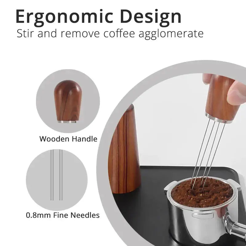 Decorbites espresso stirrer with polished wooden handle and fine 0.8mm metal needles for coffee distribution and stirring