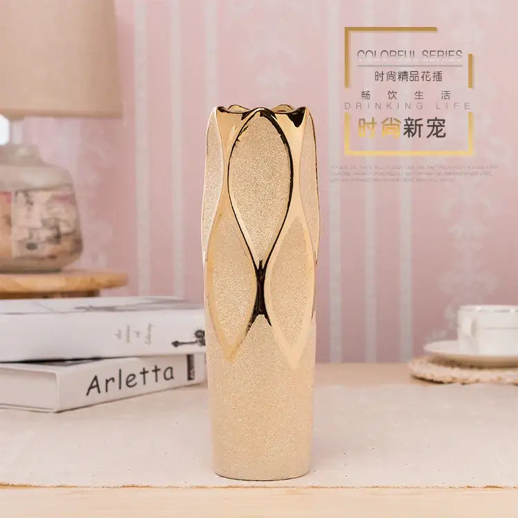 DecorBites Europe gold-plated ceramic vase with textured leaf design and glossy finish for elegant home decor