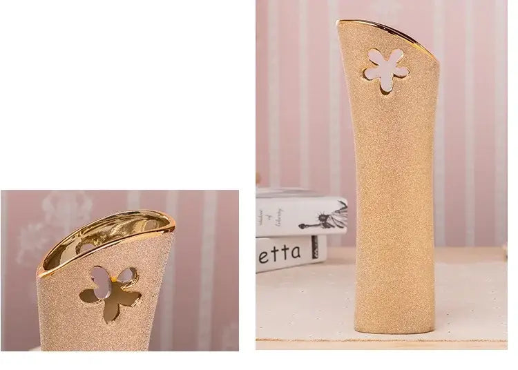 Gold glittery DecorBites™ Europe gold-plated ceramic vase with cutout flower design for elegant home decor