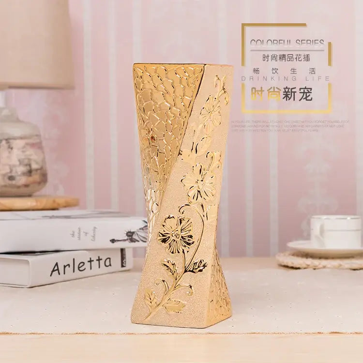 Decorbites™ europe gold-plated ceramic vase with intricate floral etchings and twisted design for home decor