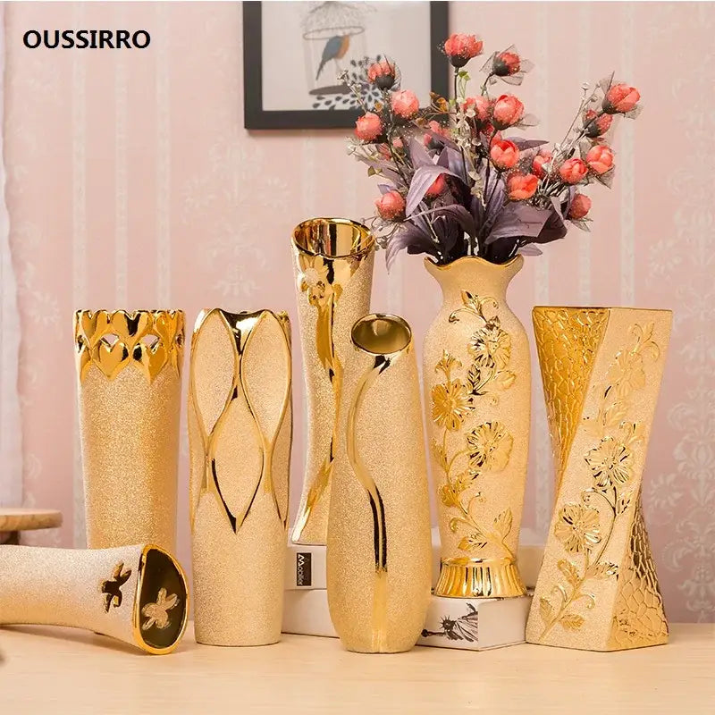 Decorbites™ europe gold-plated ceramic vase set with elegant cream and gold floral patterns for home decor display