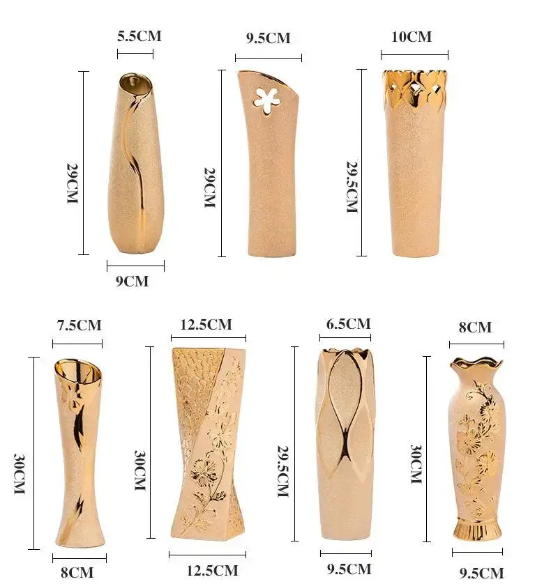 Set of six DecorBites Europe gold-plated ceramic vases with floral patterns for elegant home decor accents