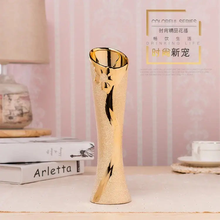 Decorbites europe gold-plated ceramic vase slender gold-glazed with textured surface and black floral decals for home decor