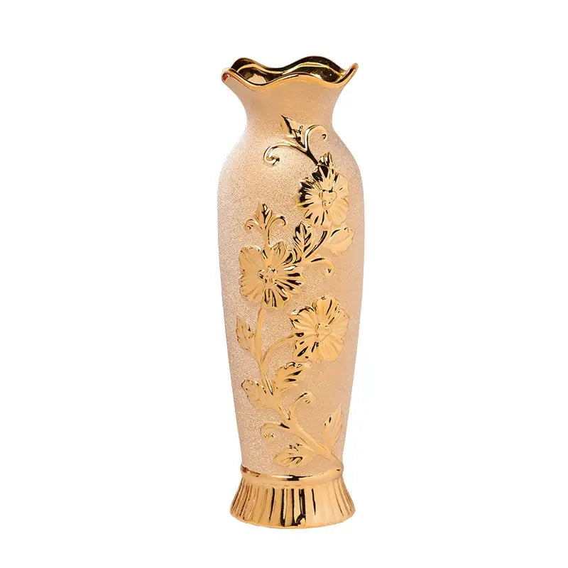 DecorBites Europe gold-plated ceramic vase with frosted peach body and floral patterns for elegant home decor