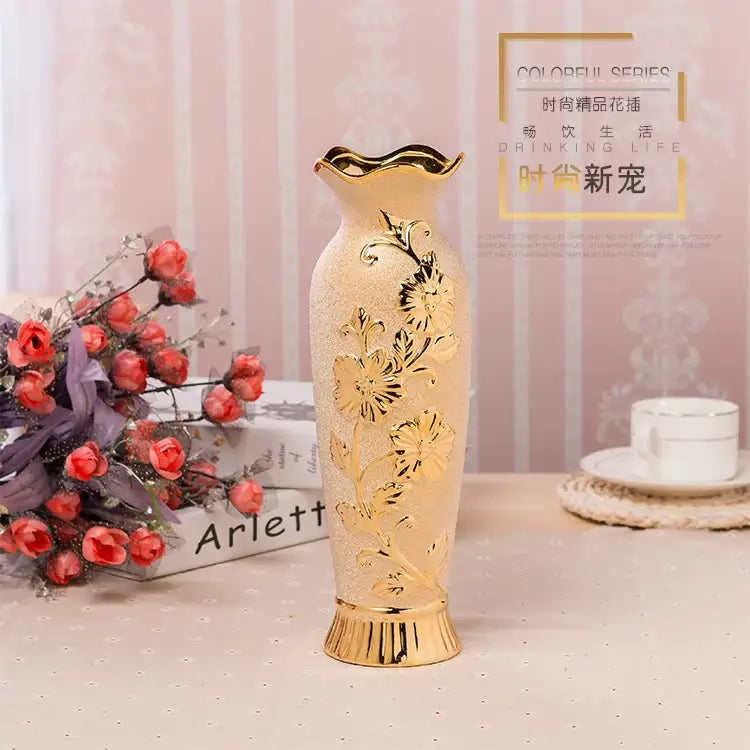 DecorBites™ Europe gold-plated ceramic vase with floral embossing for elegant home decor
