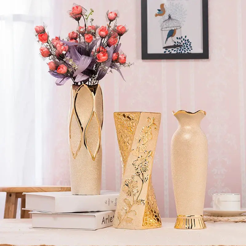 Three elegant decorbites™ europe gold-plated ceramic vases with beige matte and glossy finishes for home decor