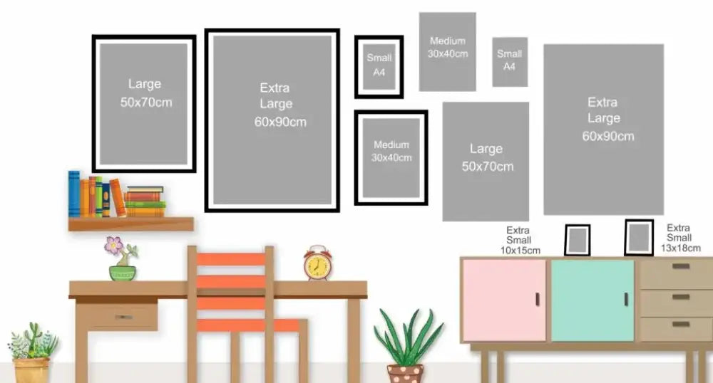 A collection of black framed decorbites™ f1 circuit canvas paintings with gray interiors labeled by size for living room use