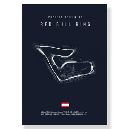 Dark blue circuit canvas painting featuring white line-art of red bull ring race track for living room decor