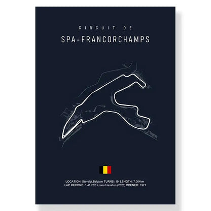 Dark blue circuit canvas painting featuring a white line drawing of spa-francorchamps for living room decor