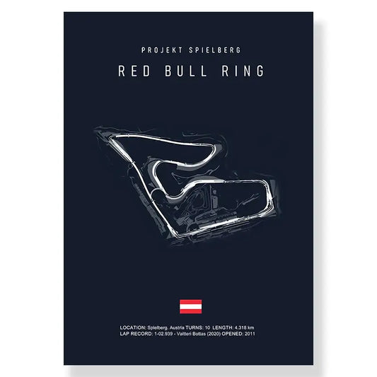 Dark blue canvas painting featuring a white line-art red bull ring circuit for living room decor by decorbites